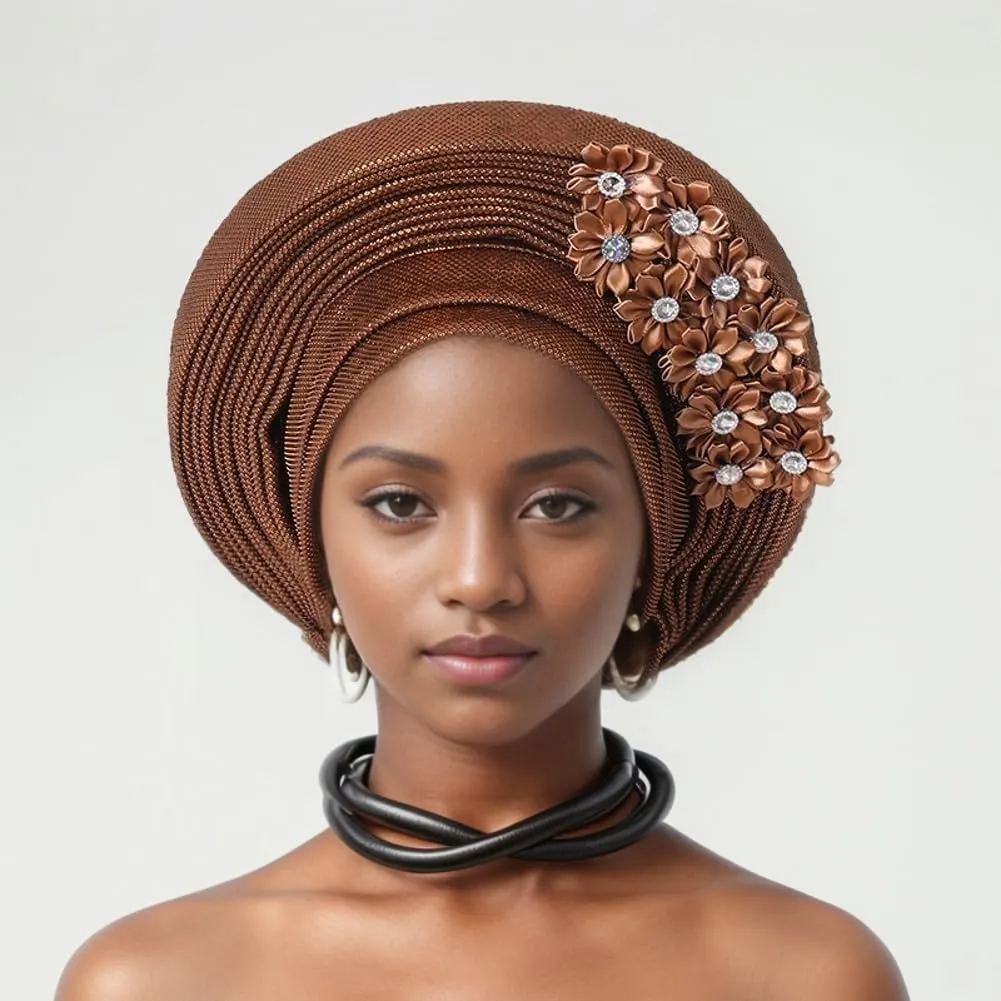 Auto Gele African Head Tie of Nigeria Aso Oke Headwraps Hat Turban Wedding Party Handmade Elegant Hair Wear Cap for Women
