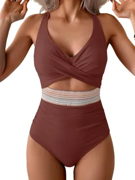 B2prity One Piece Swimsuit for Women Tummy Control V Neck Bathing Suit Color Block High Waisted Cutout Swimwear