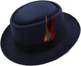 Dad Wool Flat Fedora Hat Fashion Men Pork Pie Hat Gentleman Gambler Panama Trilby Hat with Fashion Feather Size 58CM Luopan Caps & Hats (Color : Dark Blue, Size : 56-58cm)