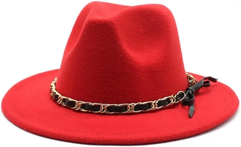 DHAEY New Golden Chain Bow Belt Woolen Hat European and American Jazz Felt Hat Men's and Women's Large Flat Brimmed Hat Luopan Caps & Hats(Orange red)