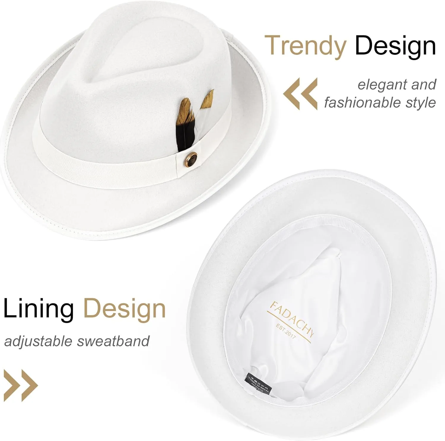 FADACHY Fedora Hats for Men & Women Short Brim Felt hat Trilby Fedora with Feather Panama Dress Hat