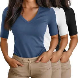 Ficerd 3 Pack Women's Half Sleeve V Neck T Shirts, Cotton Elbow Length Sleeve Shirt Slim Fit Tunic Top Casual Summer Tee