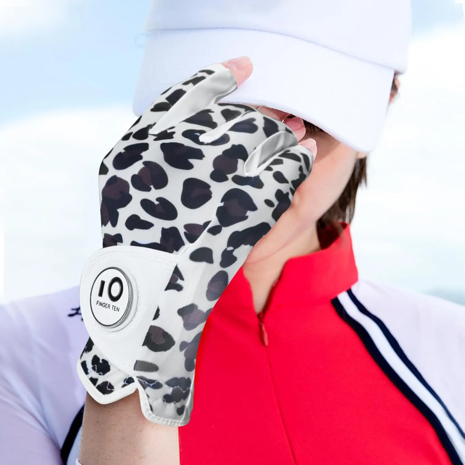 FINGER TEN Golf Gloves Women Left Right Hand Leather with Ball Marker Value Pack, Colored Glove for Ladies Right Left Handed Golfer All Weather Grip