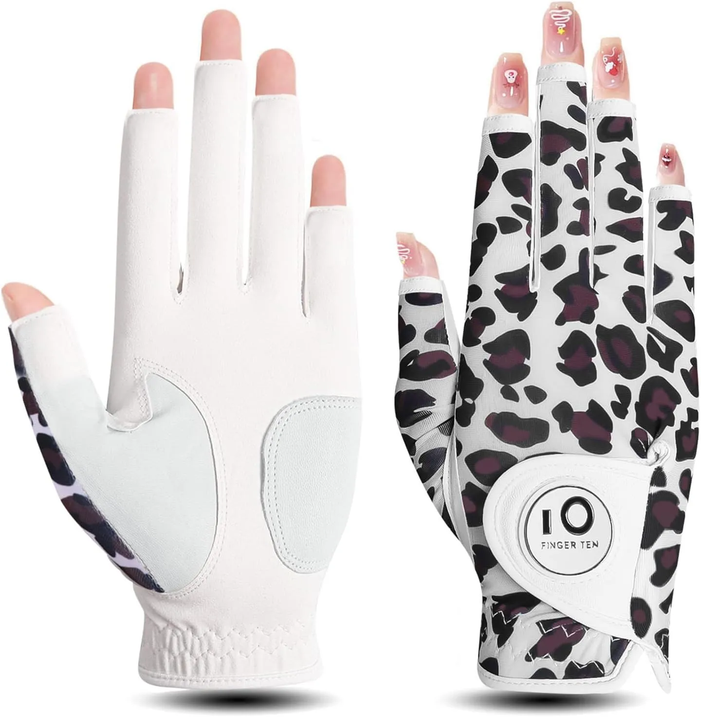 FINGER TEN Golf Gloves Women Left Right Hand Leather with Ball Marker Value Pack, Colored Glove for Ladies Right Left Handed Golfer All Weather Grip