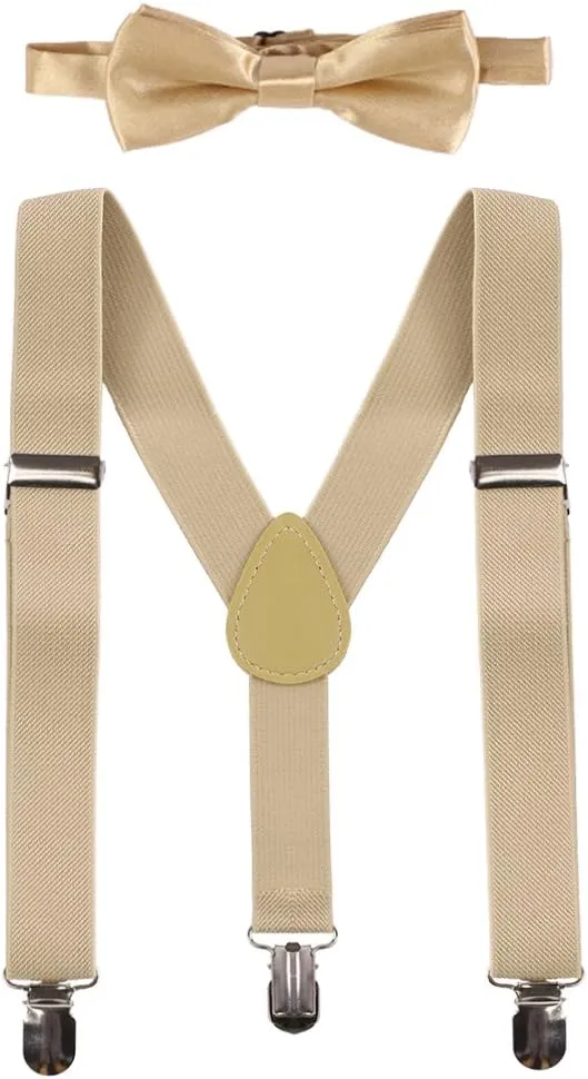 FYMNSI Kid Y-Back Adjustable Brace Suspender Pre-Tied Bowtie Short Trim Fedora Hat 3PCS Outfit for Boys/Girls 2-6T