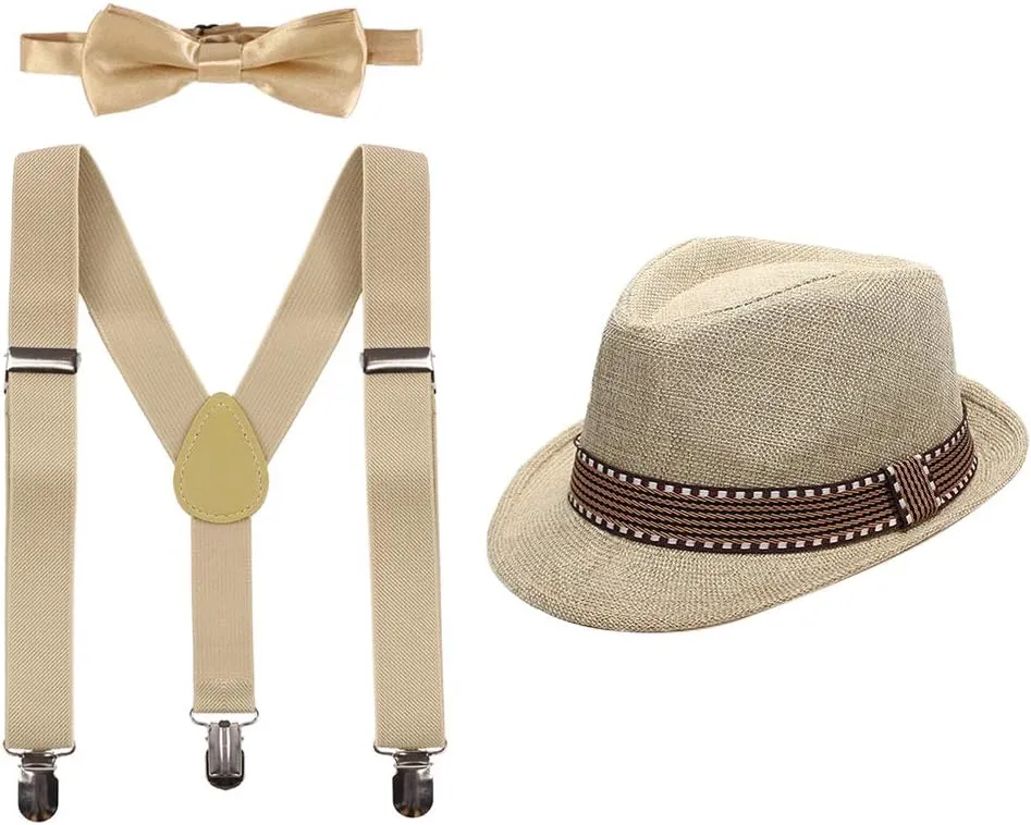 FYMNSI Kid Y-Back Adjustable Brace Suspender Pre-Tied Bowtie Short Trim Fedora Hat 3PCS Outfit for Boys/Girls 2-6T
