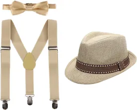 FYMNSI Kid Y-Back Adjustable Brace Suspender Pre-Tied Bowtie Short Trim Fedora Hat 3PCS Outfit for Boys/Girls 2-6T