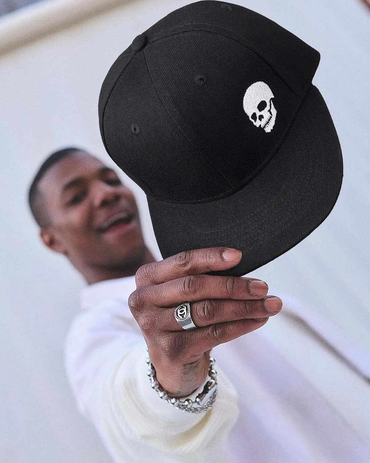 Gothic Skeleton Hand Flat Brim Hat Embroidery Skull Finger Cap Adjustable Snapback
