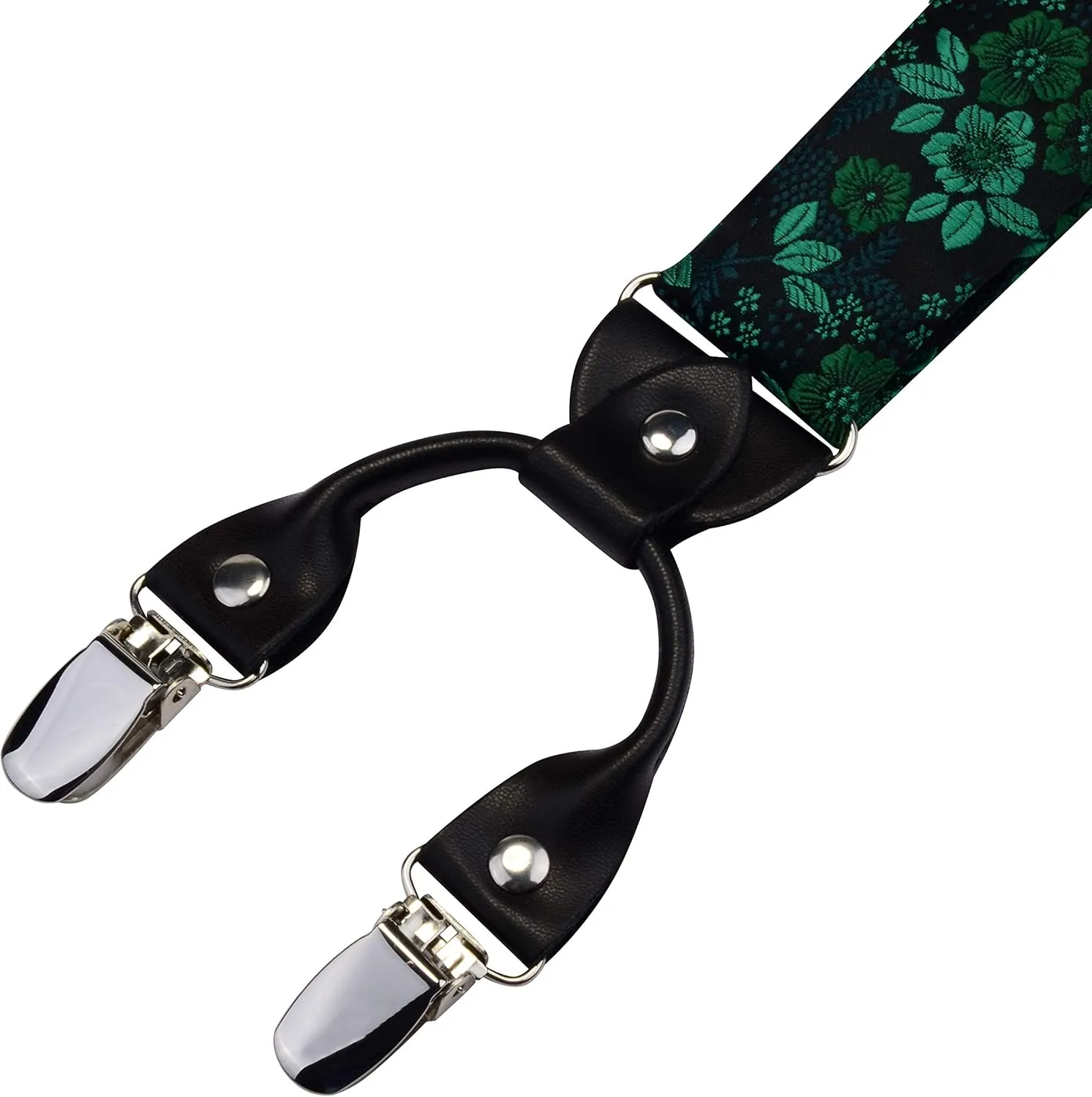 GUSLESON Adjustable Plaid Floral 6 Clips Y Shape Suspenders Pre-tied Bow Tie and Pocket Square Set with Gift Box