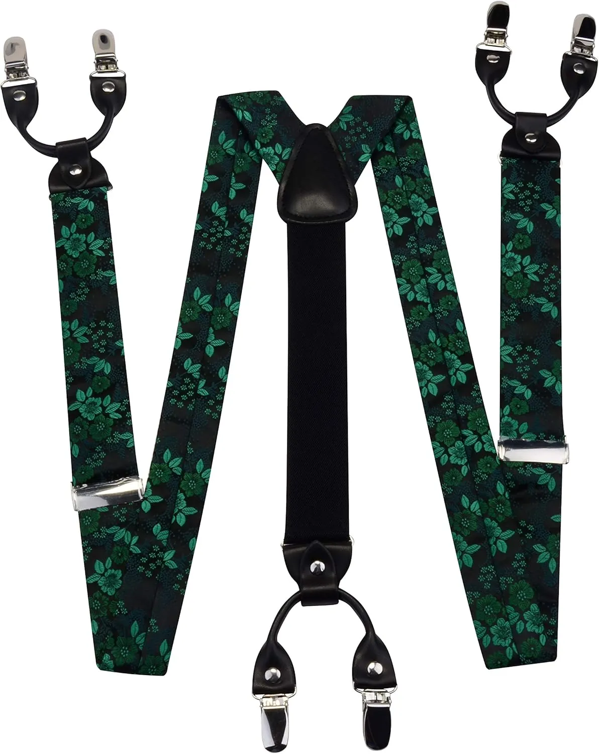 GUSLESON Adjustable Plaid Floral 6 Clips Y Shape Suspenders Pre-tied Bow Tie and Pocket Square Set with Gift Box