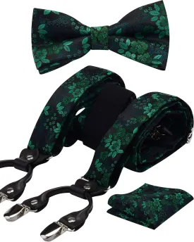 GUSLESON Adjustable Plaid Floral 6 Clips Y Shape Suspenders Pre-tied Bow Tie and Pocket Square Set with Gift Box