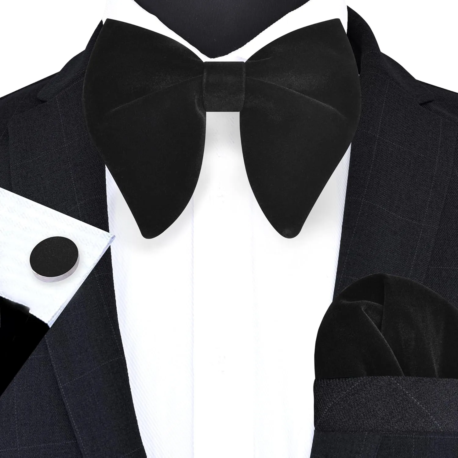 GUSLESON Mens Solid Plaid Velvet Pre-tied Adjustable Bow Tie and Pocket Square Cufflink Set with Gift Box