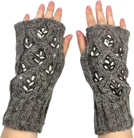 Hand Knit Dark Embroidered Leaf Fingerless Gloves Wool Texting Mittens Fleece Lined