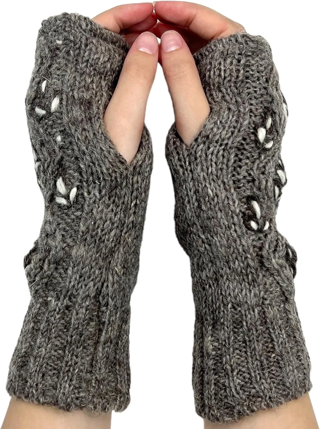 Hand Knit Dark Embroidered Leaf Fingerless Gloves Wool Texting Mittens Fleece Lined