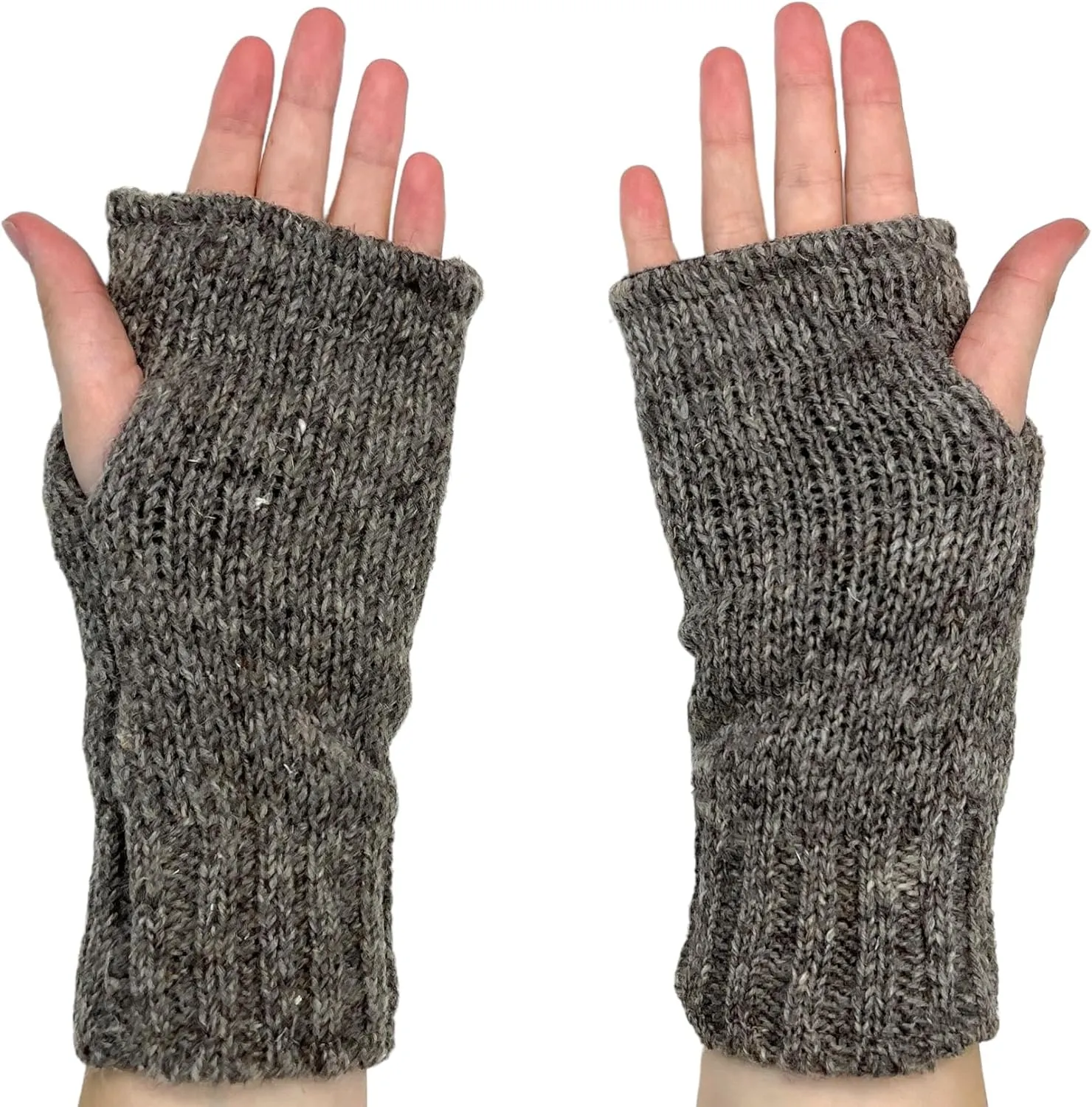 Hand Knit Dark Embroidered Leaf Fingerless Gloves Wool Texting Mittens Fleece Lined