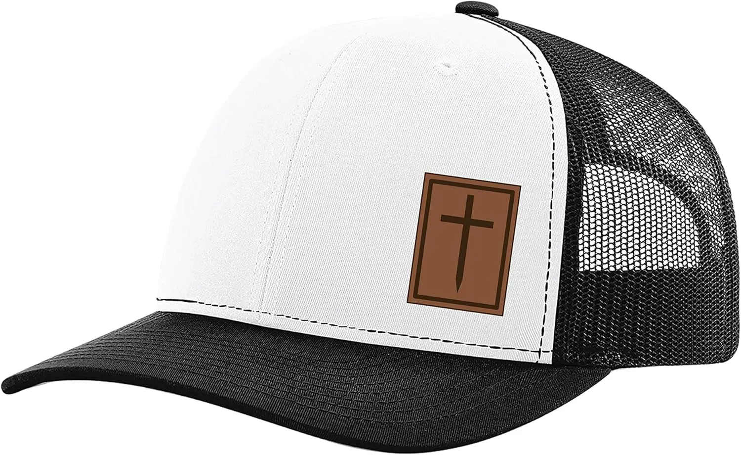 Heritage Pride Men's Christian Cross Worship Prayer God Laser Engraved Leather Patch Mesh Back Trucker Hat