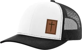 Heritage Pride Men's Christian Cross Worship Prayer God Laser Engraved Leather Patch Mesh Back Trucker Hat