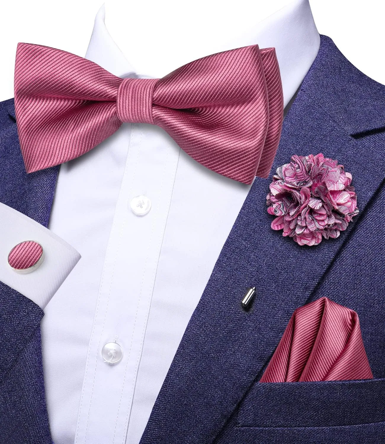 Hi-Tie Bow Ties for Men Pre-Tied Pocket Square Lapel Pin Cufflinks Mens Bowtie Sets for Wedding Formal Party