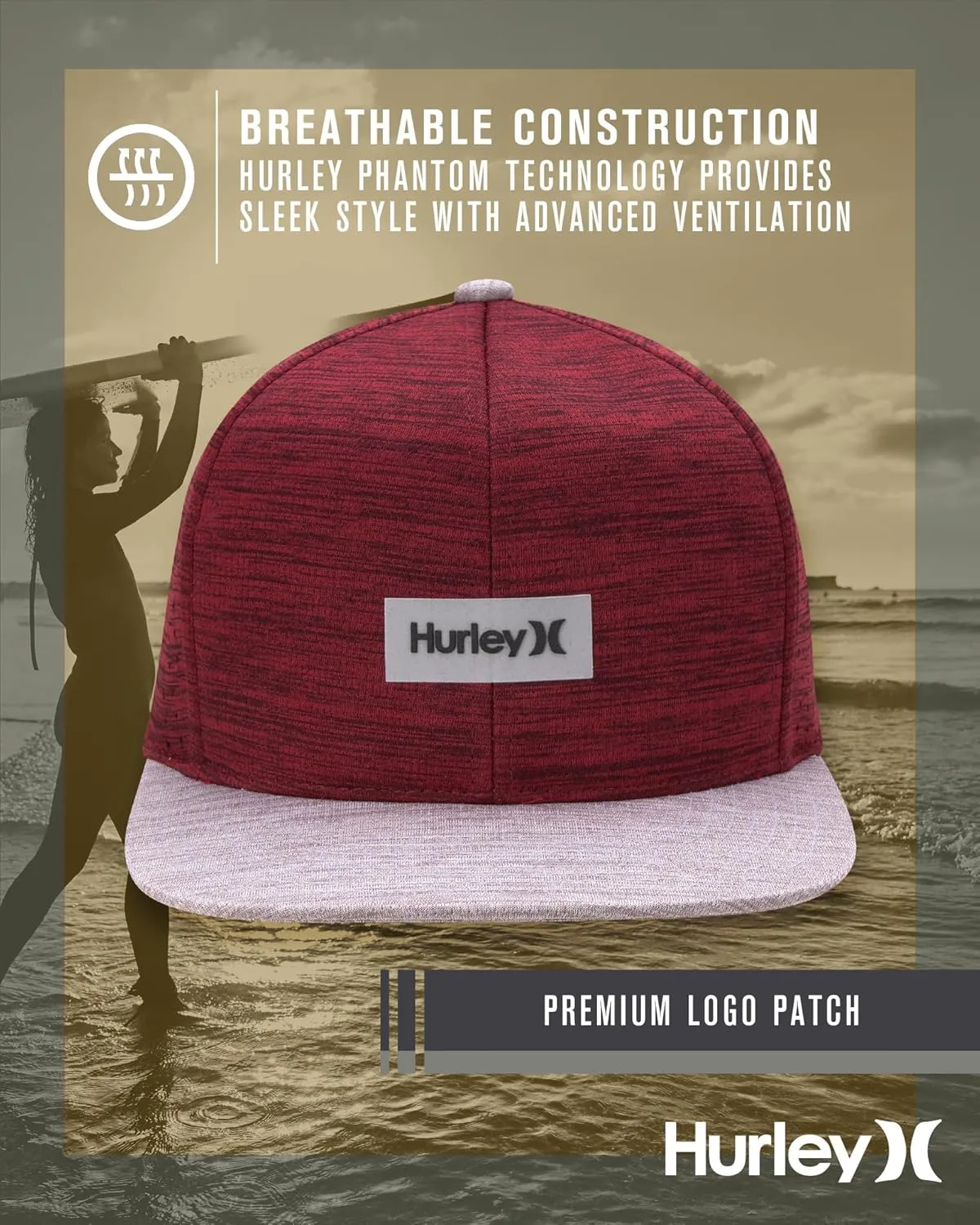 Hurley Men's Baseball Cap - Lightweight H20 Dri Dock Flat Brim Ball Caps for Men with Adjustable Snap Back Closure