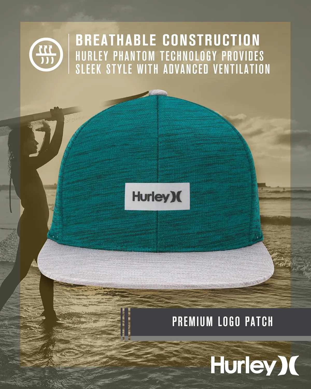 Hurley Men's Baseball Cap - Lightweight H20 Dri Dock Flat Brim Ball Caps for Men with Adjustable Snap Back Closure