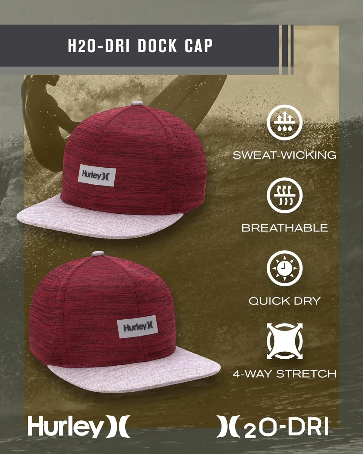 Hurley Men's Baseball Cap - Lightweight H20 Dri Dock Flat Brim Ball Caps for Men with Adjustable Snap Back Closure