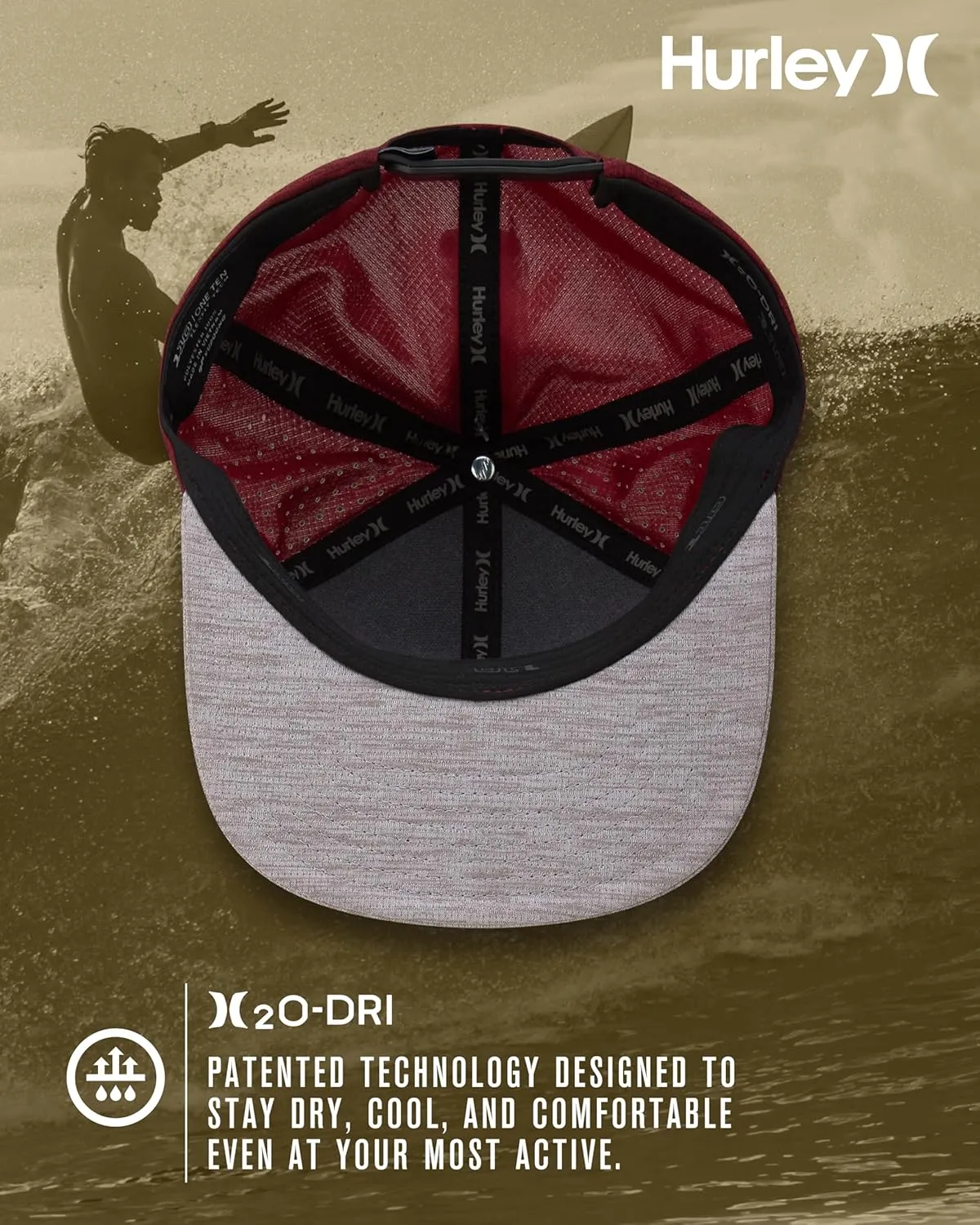 Hurley Men's Baseball Cap - Lightweight H20 Dri Dock Flat Brim Ball Caps for Men with Adjustable Snap Back Closure