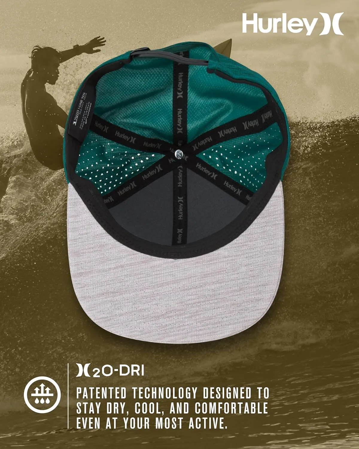 Hurley Men's Baseball Cap - Lightweight H20 Dri Dock Flat Brim Ball Caps for Men with Adjustable Snap Back Closure