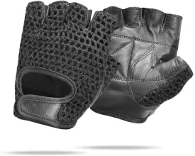 Leather Padded Crochet Back Breathable Fingerless Weight Lifting, Cycling Workout Gloves, Black (Medium)