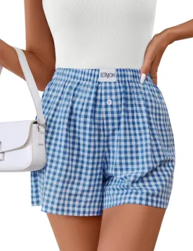 LOMON Womens Boxer Shorts Casual Summer Cotton Pajama Lounge Sleep Pj Gingham Plaid Shorts Y2K Beach Bottoms