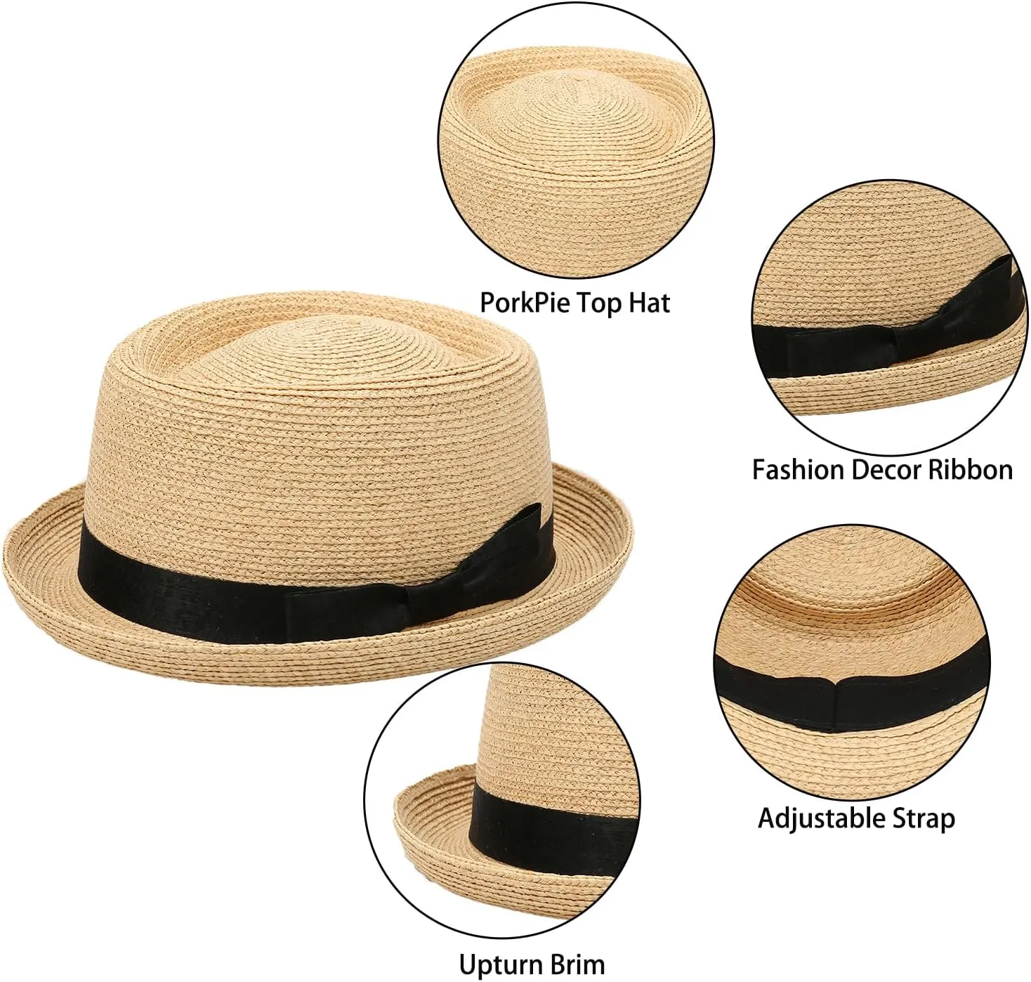 Men/Women Porkpie Hats Short Brim Summer Straw Pork Pie Trilby Fedora Hat