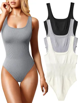 OQQ Women's 3 Piece Bodysuits Sexy Ribbed Sleeveless Square Neck Tank Tops Leotard 2025 Trendy Outfits