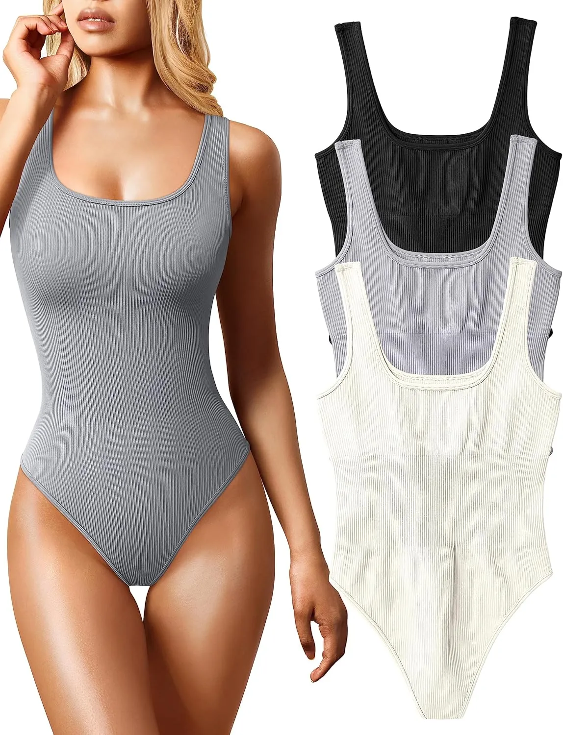 OQQ Women's 3 Piece Bodysuits Sexy Ribbed Sleeveless Square Neck Tank Tops Leotard 2025 Trendy Outfits