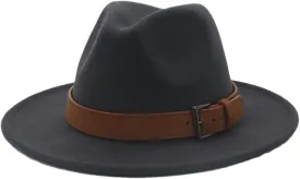 Pulcykp Unisex Panama Wool Felt Hat with Belt Buckle Large Brim Jazz Trilby Cap Party Wedding Hat Dark Gray 59to60cm
