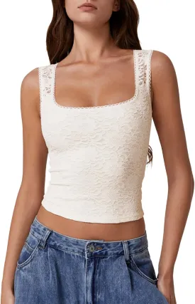 QINSEN Womens Lace Trim Square Neck Sleeveless Tank Tops Double-Layer Slim Fit T Shirt Crop Tops