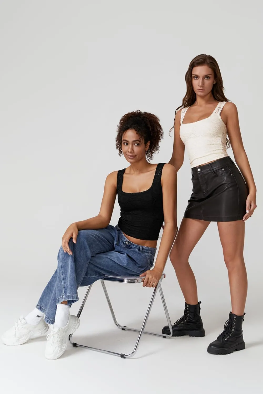 QINSEN Womens Lace Trim Square Neck Sleeveless Tank Tops Double-Layer Slim Fit T Shirt Crop Tops