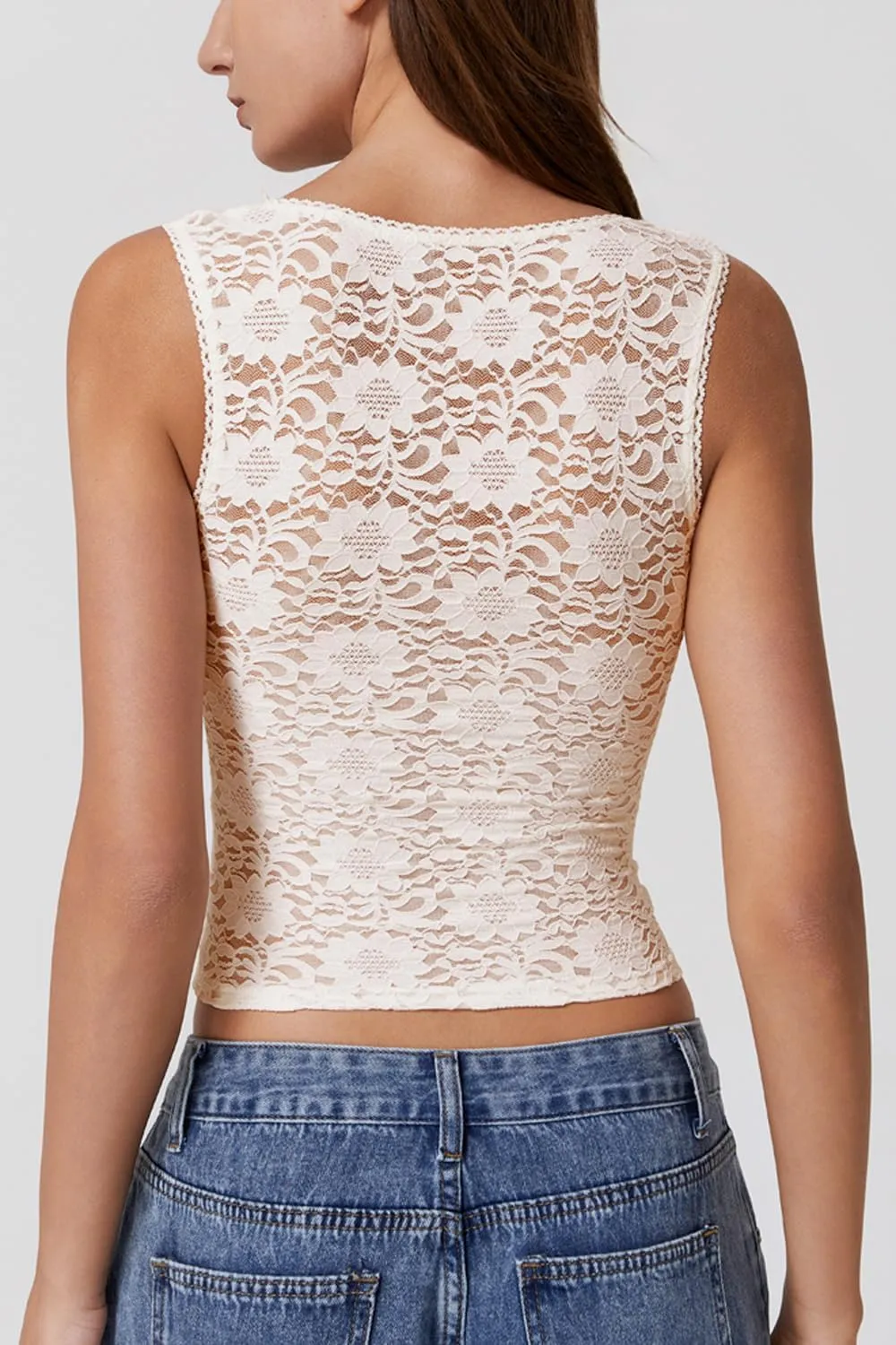QINSEN Womens Lace Trim Square Neck Sleeveless Tank Tops Double-Layer Slim Fit T Shirt Crop Tops