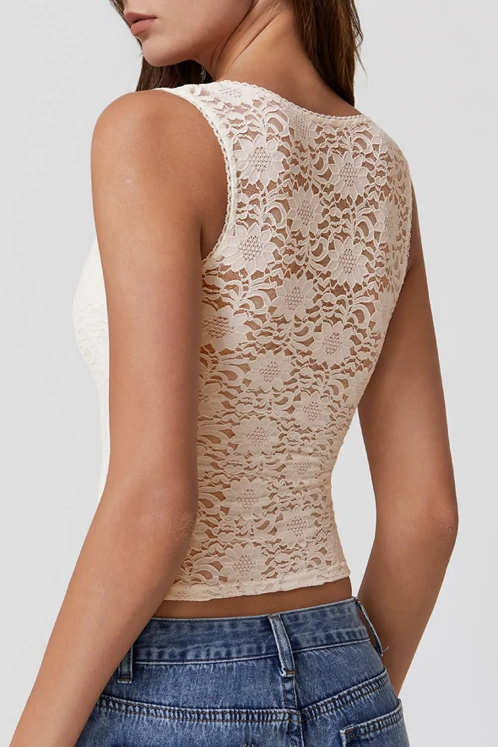 QINSEN Womens Lace Trim Square Neck Sleeveless Tank Tops Double-Layer Slim Fit T Shirt Crop Tops