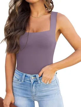 REORIA Butsmooth Womens Basic Sexy Square Neck Sleeveless Tank Tops Bodysuits Clubwear