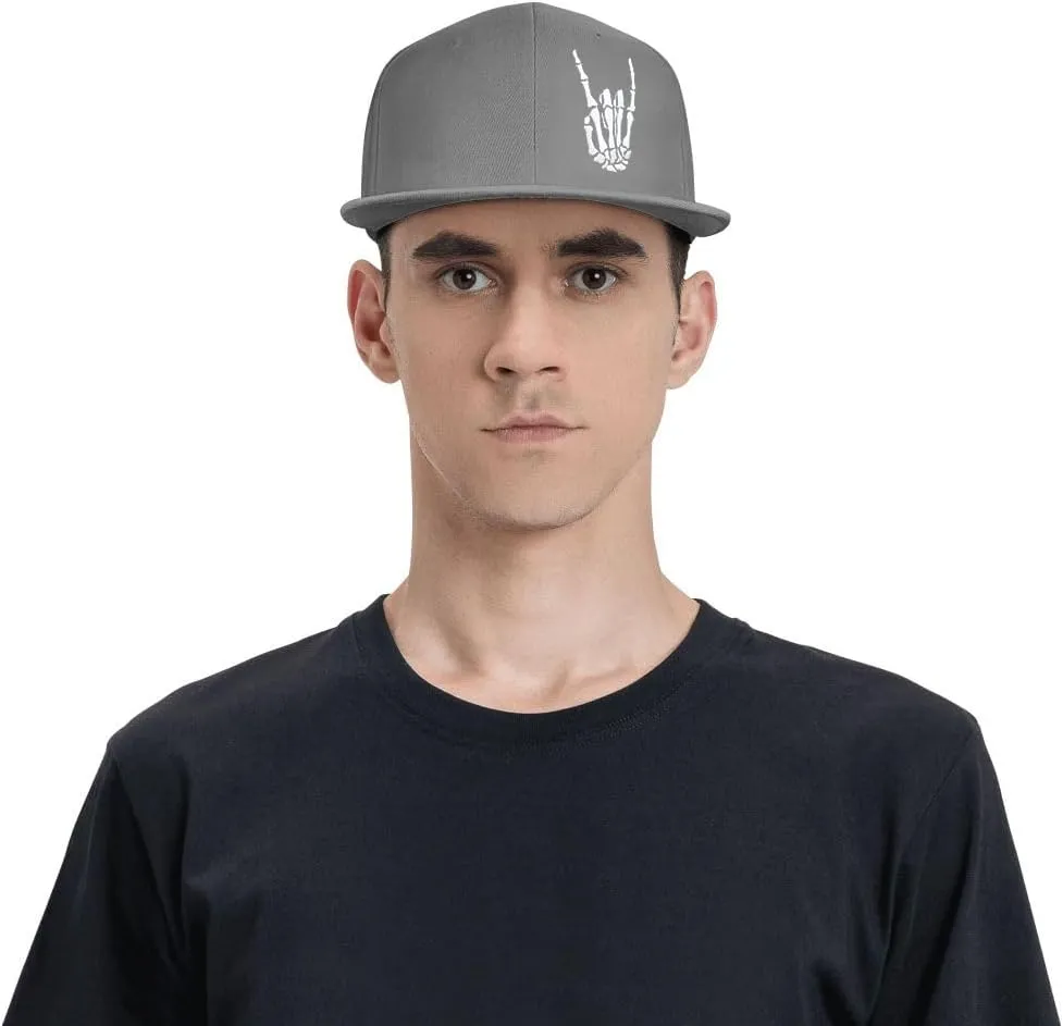 Skeleton Hand Snapback Hat for Men Women, Embroidered Adjustable Cotton Skull Finger Flat Bill Baseball Cap