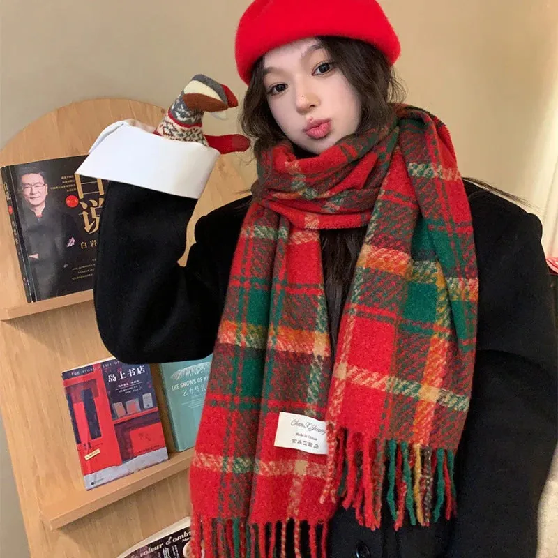TAVIMART  -  Christmas Red Plaid Scarf Autumn Winter Warm Women's Scarfs Fashion Vintage Classic Tassels Long Shawl Ladies Scarf Accessories