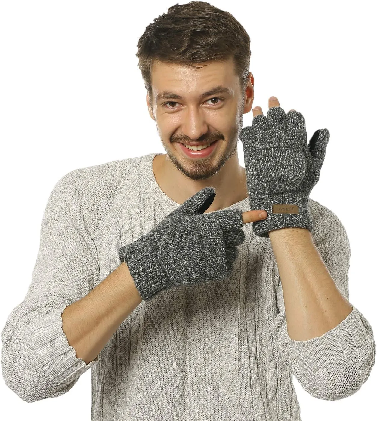 ViGrace Winter Knitted Convertible Fingerless Gloves Wool Mittens Warm Mitten Glove for Women and Men