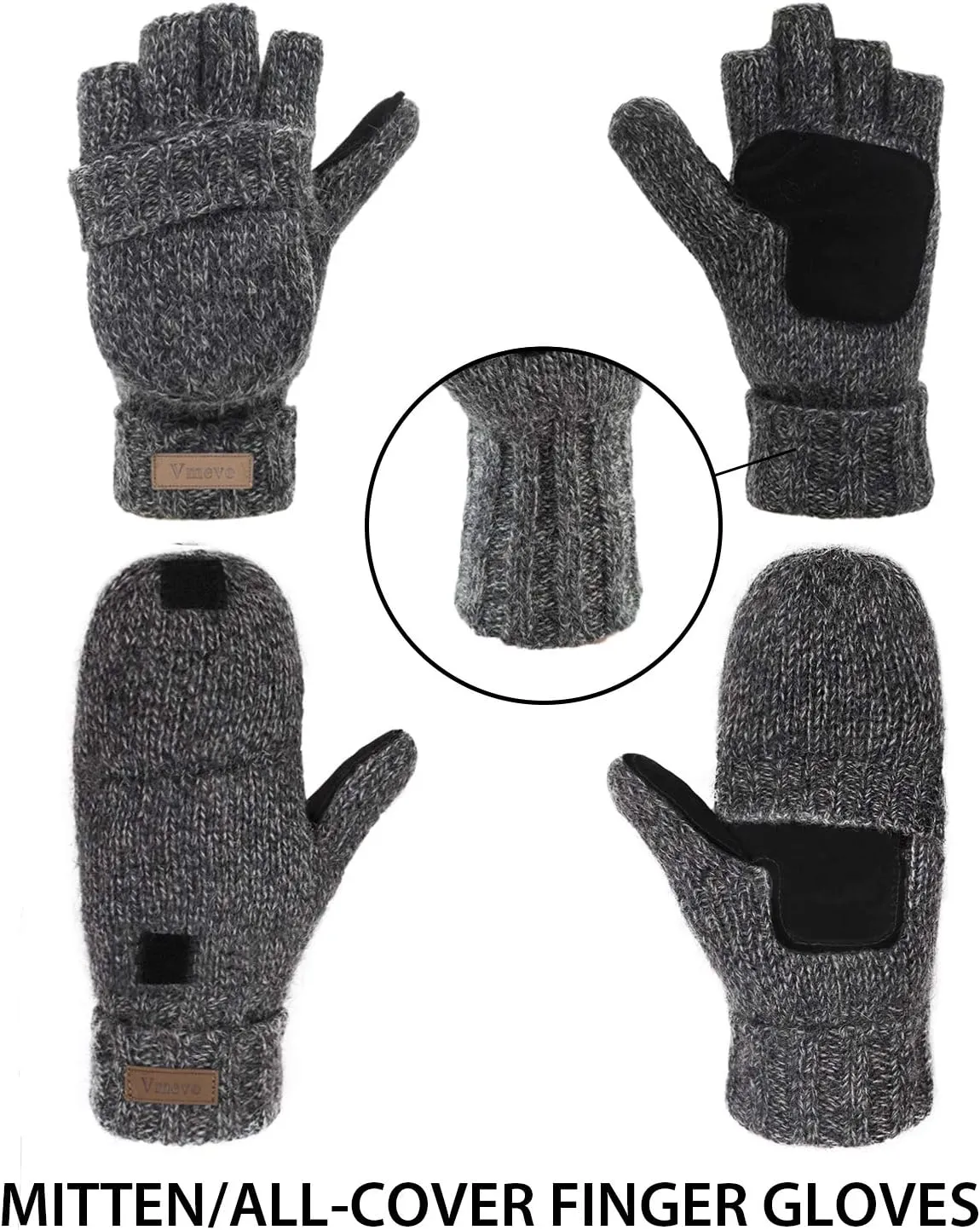 ViGrace Winter Knitted Convertible Fingerless Gloves Wool Mittens Warm Mitten Glove for Women and Men