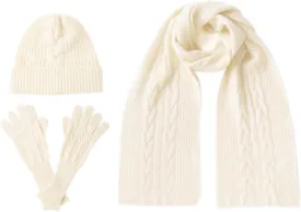 Villand Women's 3 Piece 100% Pure Cashmere Scarf Hat & Gloves Set, Cable Knitted Winter Set with Gift Box