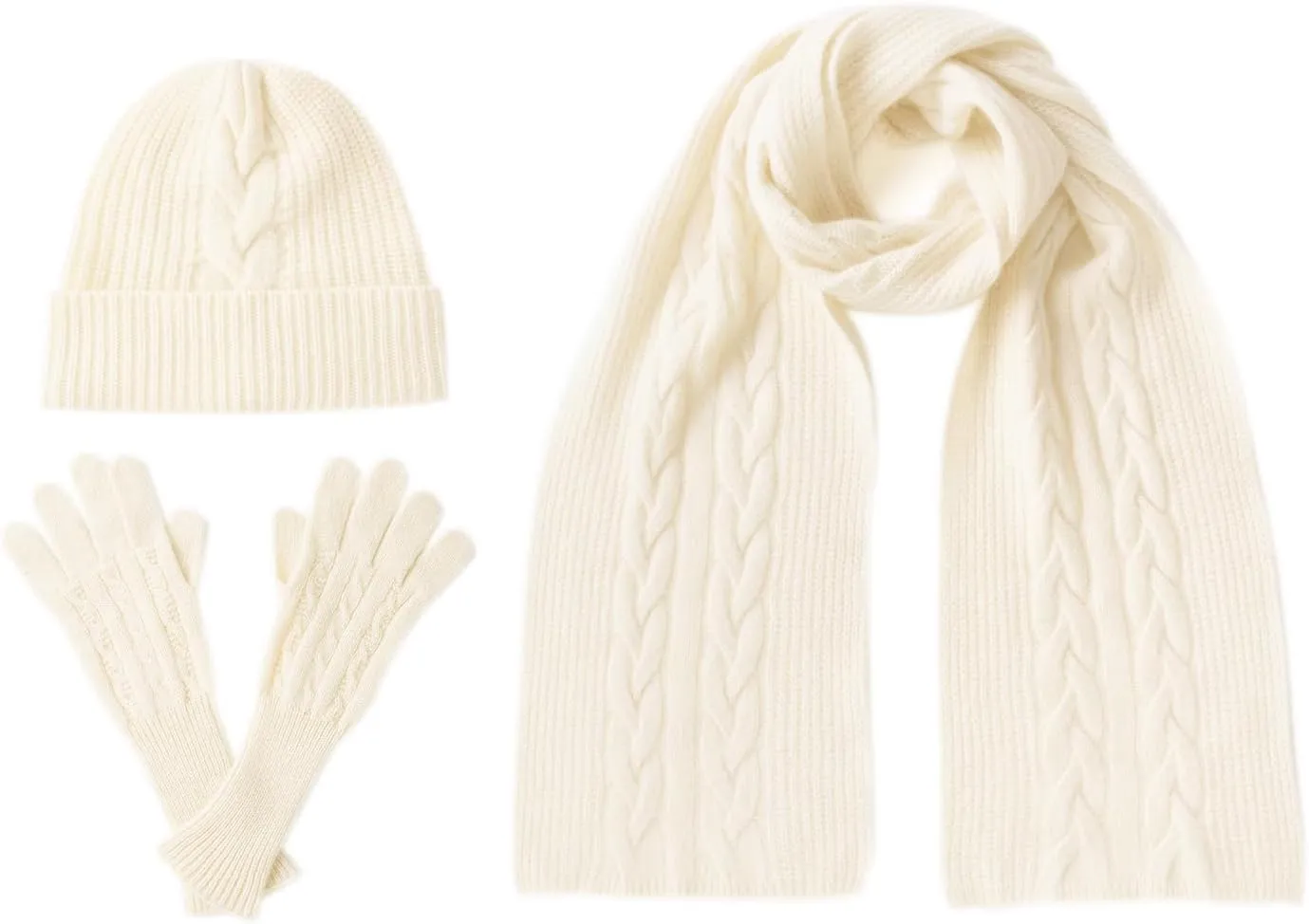 Villand Women's 3 Piece 100% Pure Cashmere Scarf Hat & Gloves Set, Cable Knitted Winter Set with Gift Box