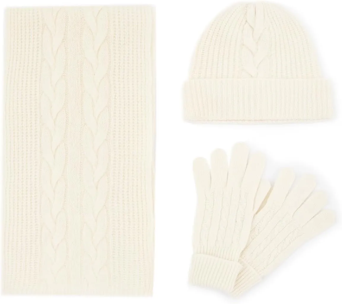 Villand Women's 3 Piece 100% Pure Cashmere Scarf Hat & Gloves Set, Cable Knitted Winter Set with Gift Box