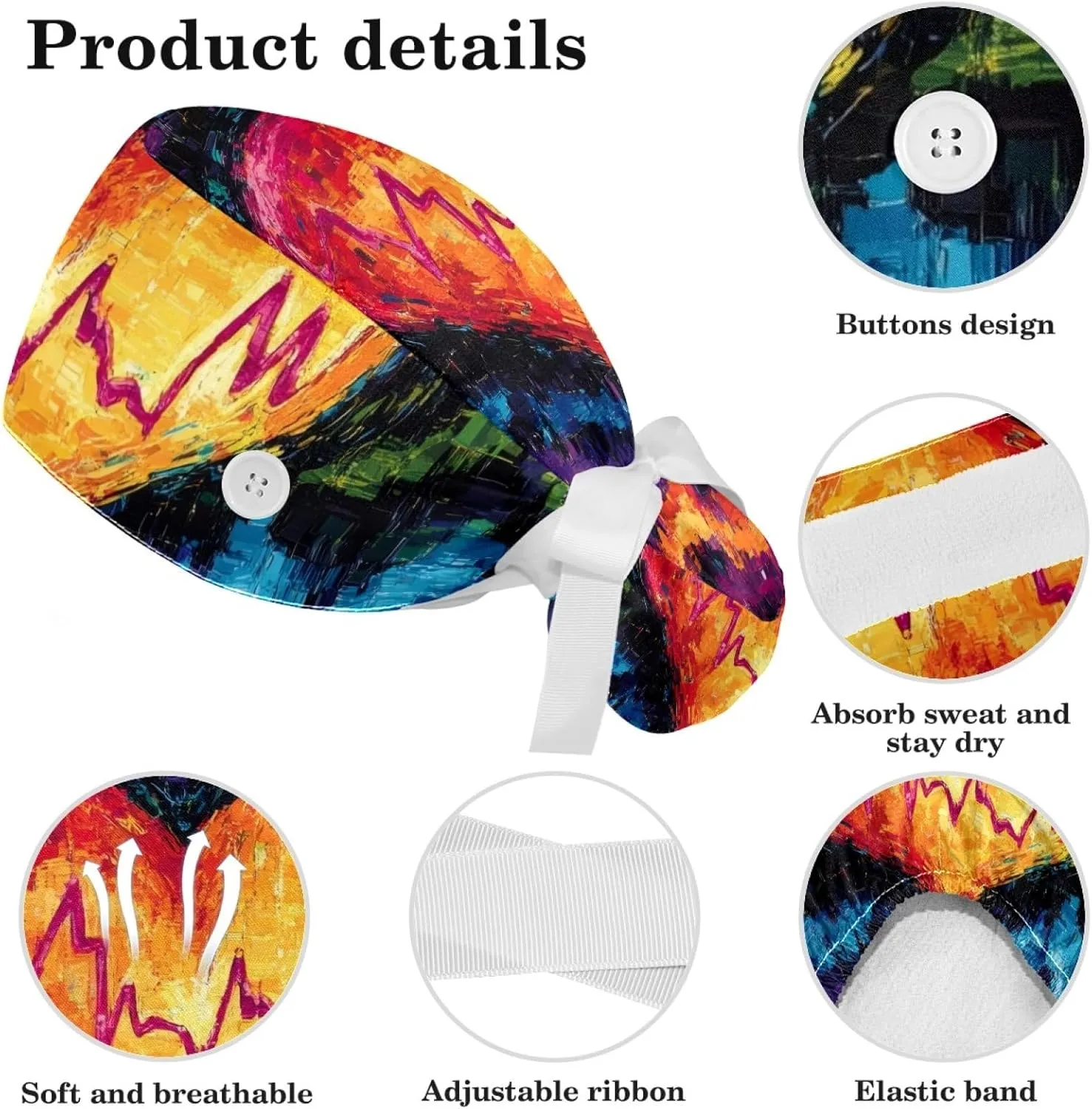 Womens Working Cap Scrub Hats with Bow Scrunchies, Heart Beat Pattern Bouffant Surgical Cap Ponytail Holder