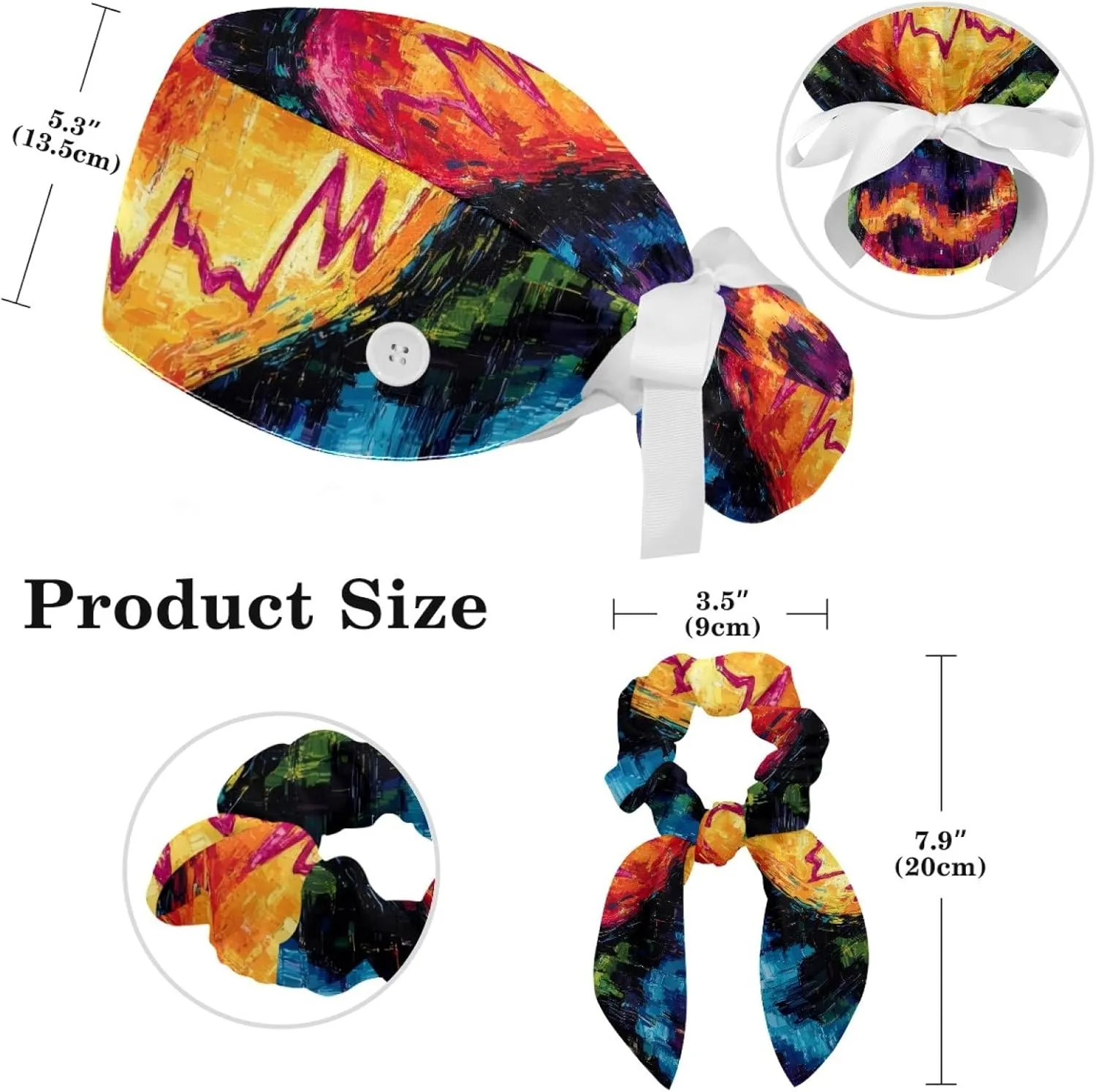Womens Working Cap Scrub Hats with Bow Scrunchies, Heart Beat Pattern Bouffant Surgical Cap Ponytail Holder