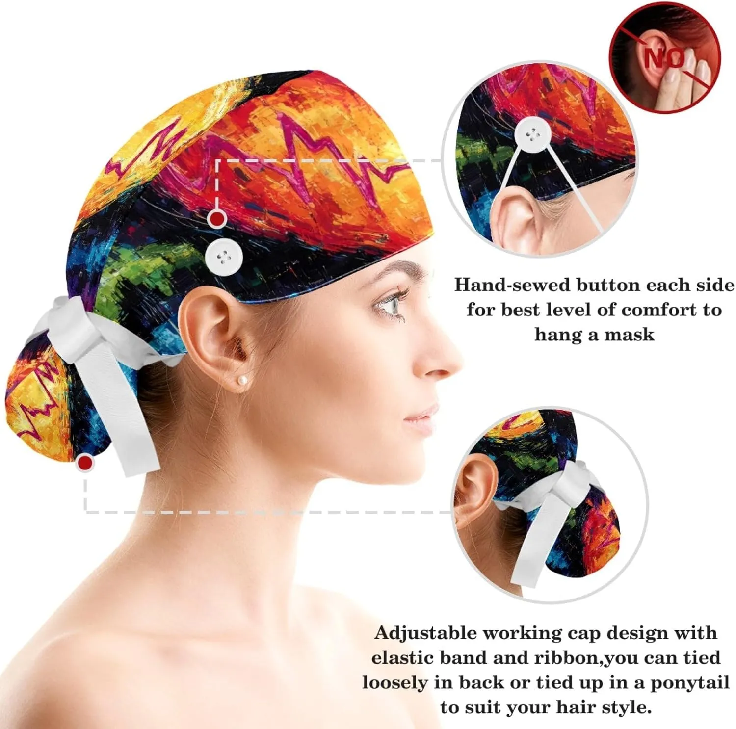 Womens Working Cap Scrub Hats with Bow Scrunchies, Heart Beat Pattern Bouffant Surgical Cap Ponytail Holder