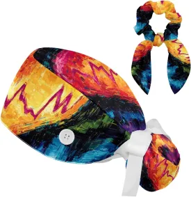 Womens Working Cap Scrub Hats with Bow Scrunchies, Heart Beat Pattern Bouffant Surgical Cap Ponytail Holder